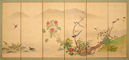 岡本秋暉筆《花鳥図屏風》